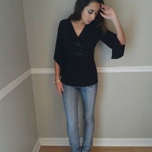 Black Bell Sleeve Lace & Sequined V neck Top
