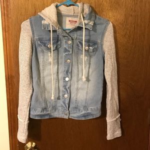 Button-down jean jacket with hood