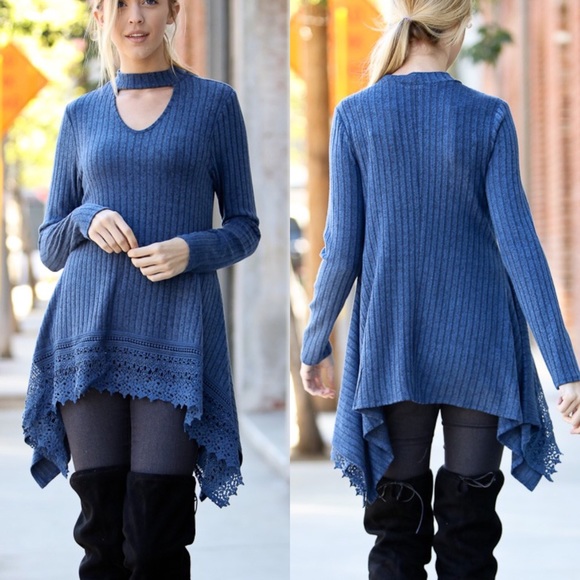 Tops - Navy Lace Trim Tunic Top Long Sleeve LAST 2