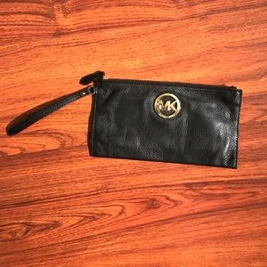 MK Black Leather Wristlet