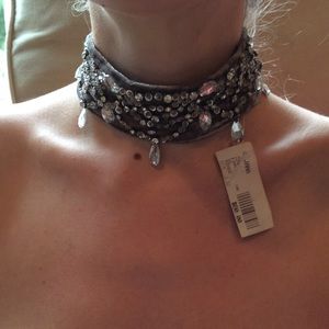 Grey silk, velvet and crystal embellished choker