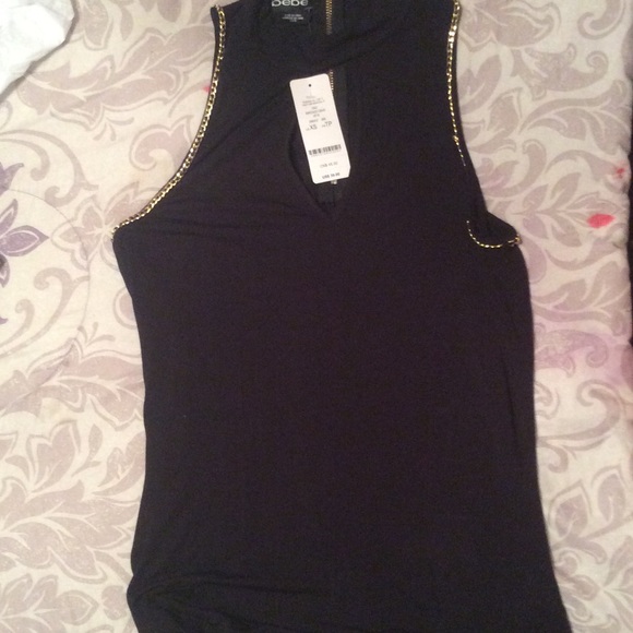 Black Bebe tank top with gold chains and zipper