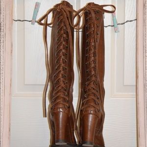 Cognac Brown Leather 'Corset'  Below Knee Boots