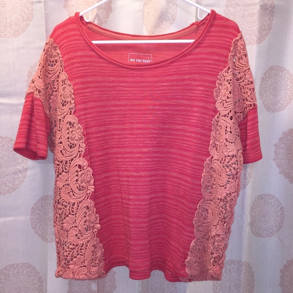 Free People Battenburg Coral Striped Lace Top