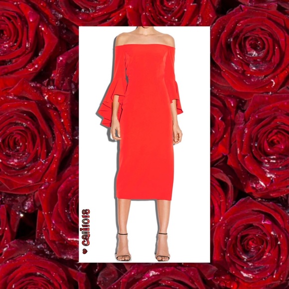 SOLD🆕Red Off Shoulder Long Bell Sleeve Midi - Picture 3 of 3