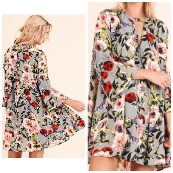 ❗️CLEARANCE❗️Gray Floral Keyhole Tunic Dress S M L - Picture 2 of 2