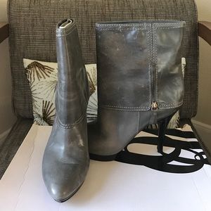 Gray Leather Stiletto Ankle Boots