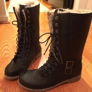 new Women's Black Fur Combat Military Boots 8/9