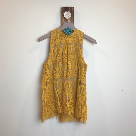 Yellow Lace Mock Neck Top