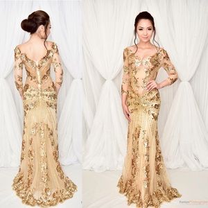 Gold Off Shoulder See Through Gown