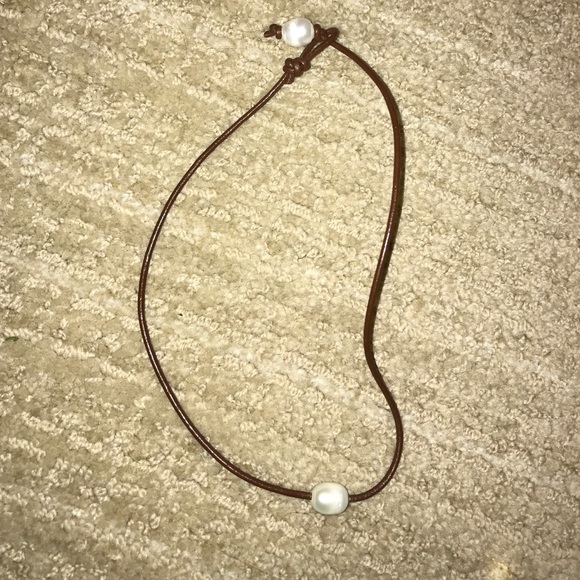Brown leather with pearl choker
