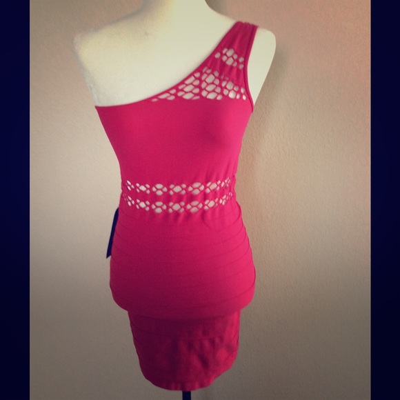 Bebe one shoulder mesh stitch dress