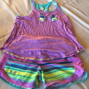 Girls Under Amour tank and running shorts