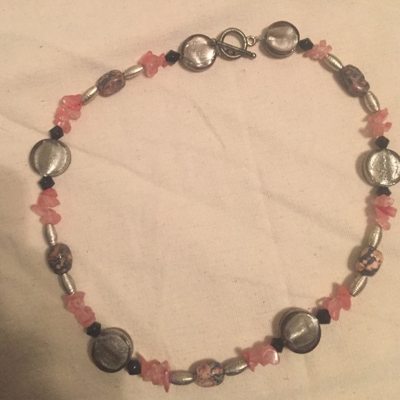 Silver, pink, black and gray necklace