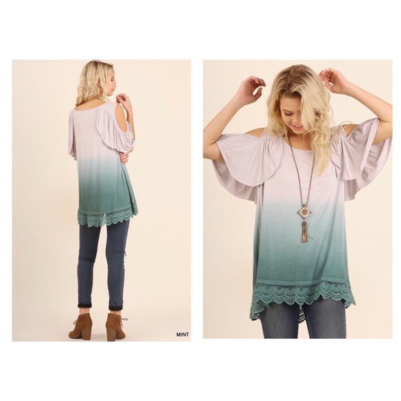 Mint Ombre Cold Shoulder Crochet Tunic Top S M L - Picture 2 of 2