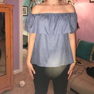 denim colored off the shoulder top