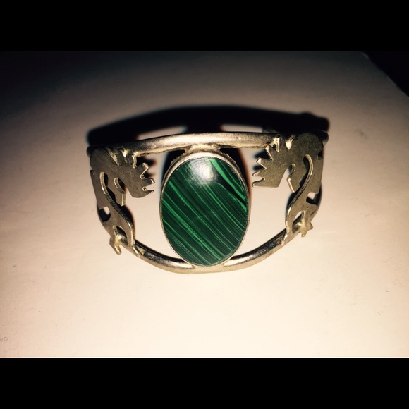 Vntg Silver Cuff MALACHITE Bracelet Mexican
