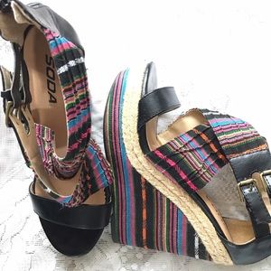 Soda Multicolored Striped Black Wedges