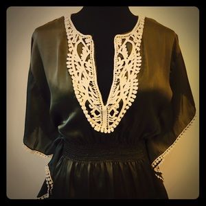 Satin army green blouse with cream detailing