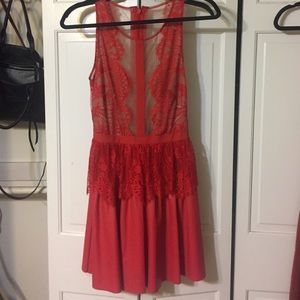 BCBGMAXAZRIA 02 red leather and lace dress