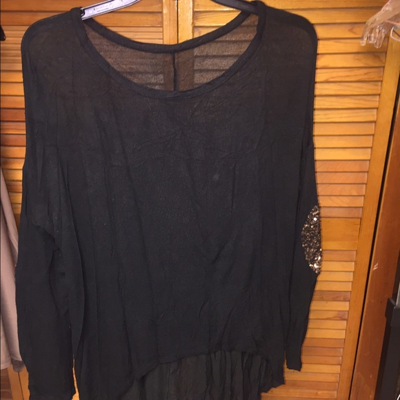 Black long sleeve hi-lo top with sparkly elbow
