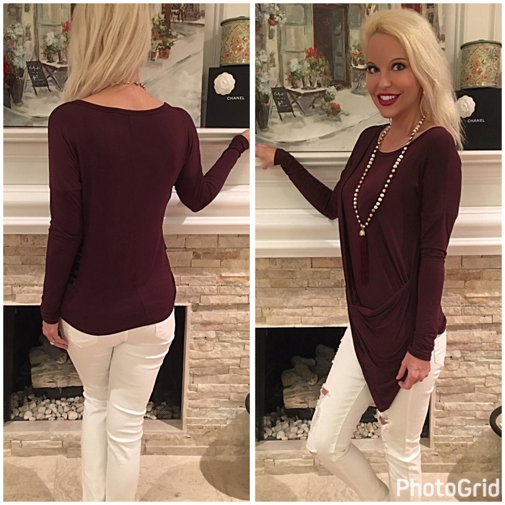 It's HERE! 🎉💕Burgundy pointed drape front top! - Picture 2 of 2