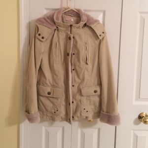 Beige corduroy jacket. Hood detaches w/ zipper.