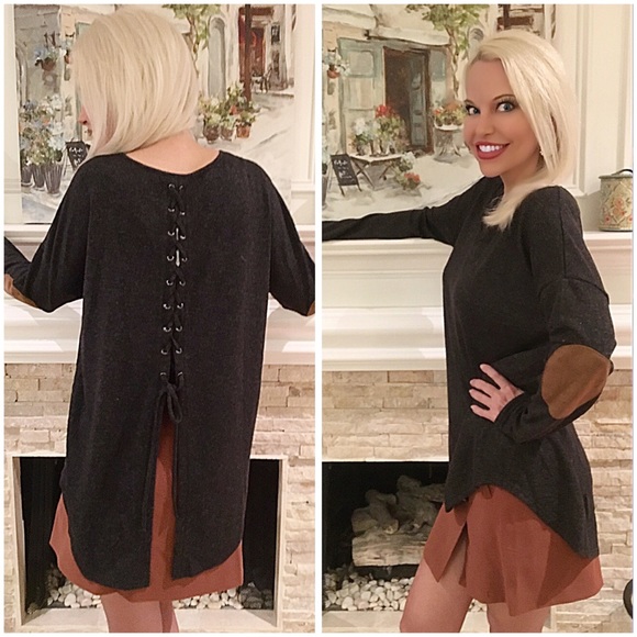 Black elbow patch lace up back tunic! LAST TWO - Picture 4 of 4