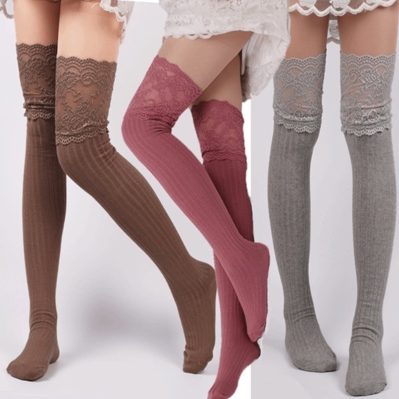 🎄Thigh High Ribbed Lace Top Socks Coffee - Picture 2 of 4