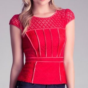 bebe Women's Red Mixed Lace Peplum Valentines Top