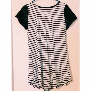 Striped Layering Dress w/ Leather Sleeves
