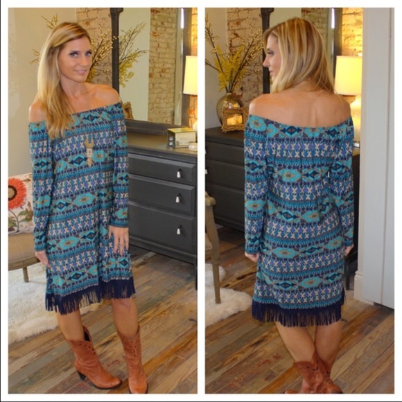 Beautiful NavyJade suede fringe trim Aztec Dress