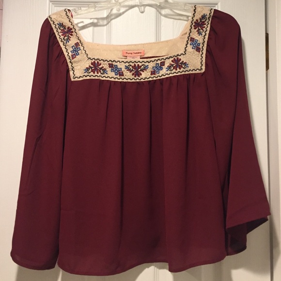 Maroon satin shirt with lace design!