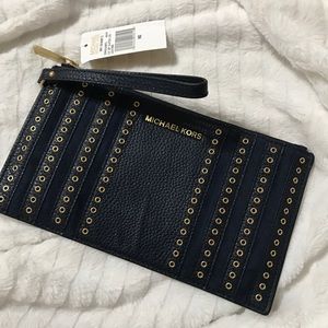 Brand NWT MK Navy & Gold Grommet Lg Zip Wristlet