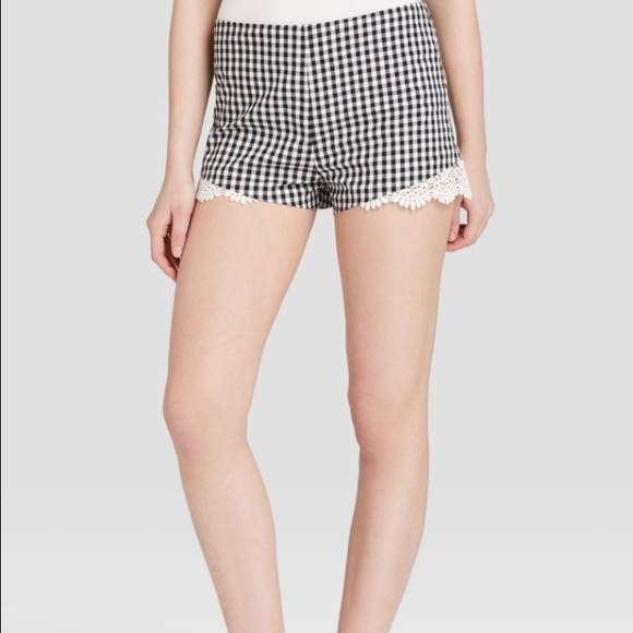 Aqua crochet trim gingham shorts
