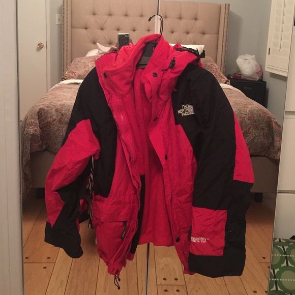 Red and black North Face gore tex jacket