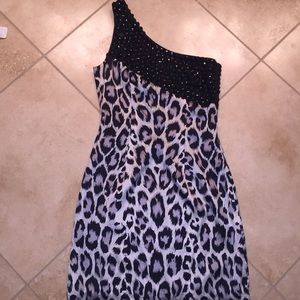 ONE SHOULDER BEADED GREY LEOPARD PRINT SATIN DRESS