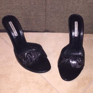 CHARLES DAVID SNAKEPRINT FLORAL SLIDE HEELS