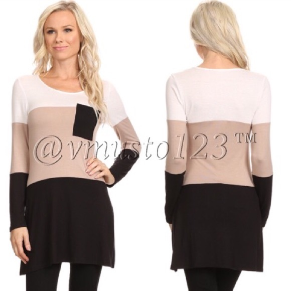 💟 Taupe and Black Colorblock Tunic Top - Picture 2 of 4