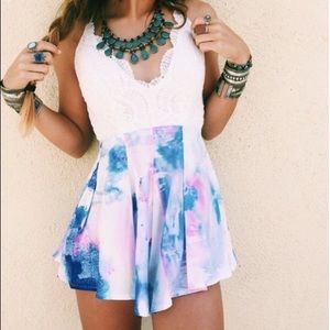 Blue and white romper with lace bodice