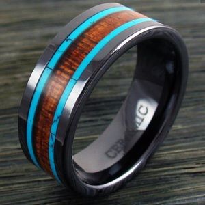 Beautiful black Ceramic ring with Koa Wood