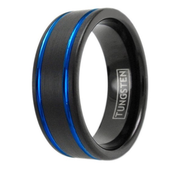 Black Tungsten Ring with Dual Cobalt Blue Stripes - Picture 1 of 2