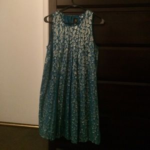 Blue and gold leaf anthropologie shift dress
