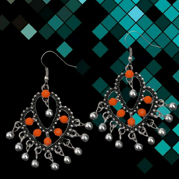 Boho Orange Beaded Tassel Danglers - Picture 2 of 5