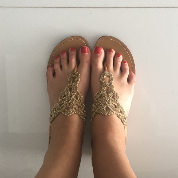 Stuart Weitzman gold beaded sandals