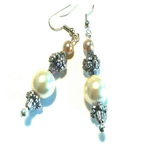 Victorian Bridal Pearl Earrings with Silver Accent