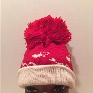 Vintage Red White Wool Hat Pom Hearts Lined Winter