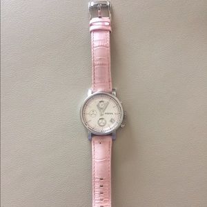 Silver face fossil watch with pink strap