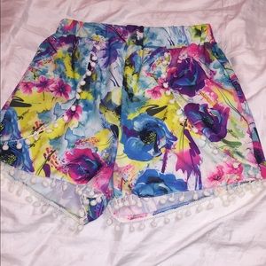high waisted pom pom floral shorts