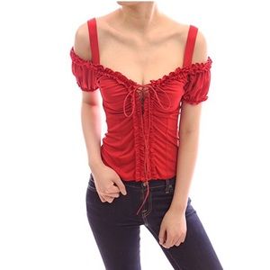 Off the Shoulder Ruffle Trip Lace-up Top